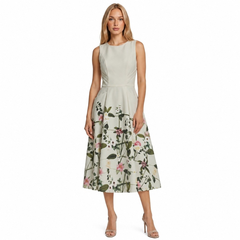 Ted Baker 3 Karolie Midi Dress Women's Size 8 Medium Cream Floral Pockets